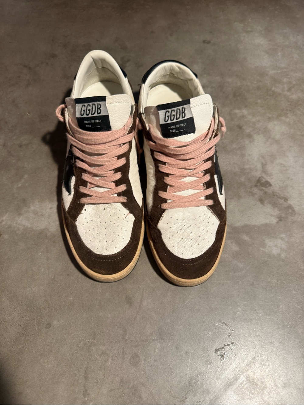 Golden Goose Ballstar White and Brown Sneakers with Pink Laces originally $615